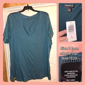 Torrid Teal V-Neck Lace Sleeve Tee